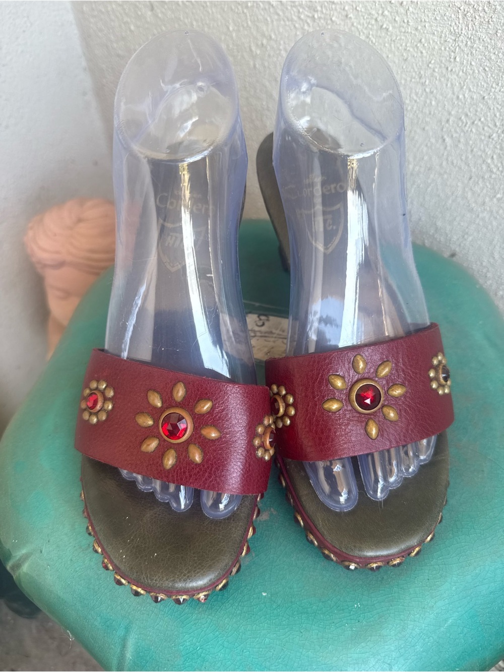 Red Embellished Slide Heels with Gold Accents